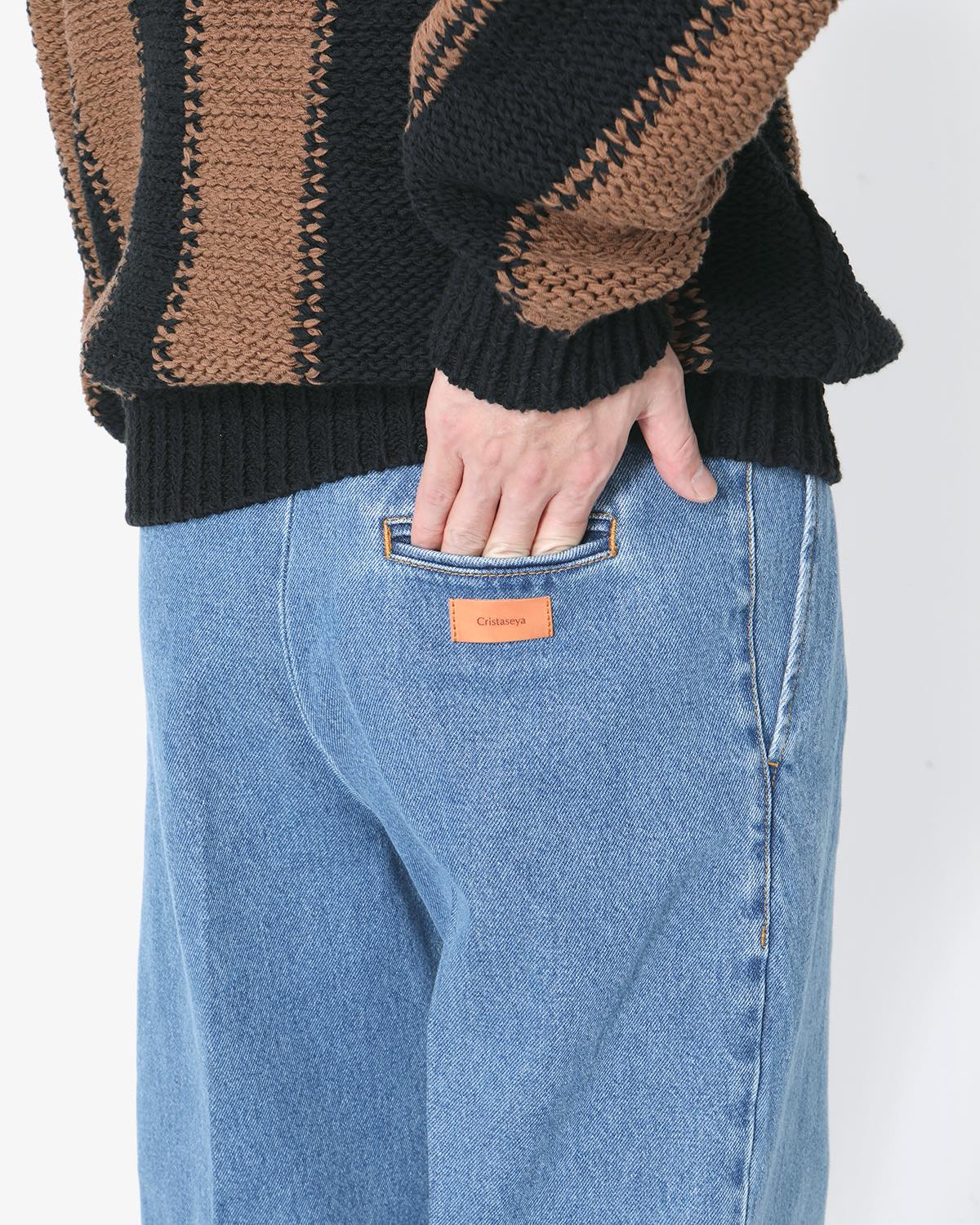 BLEACHED DENIM PLEATED TROUSERS