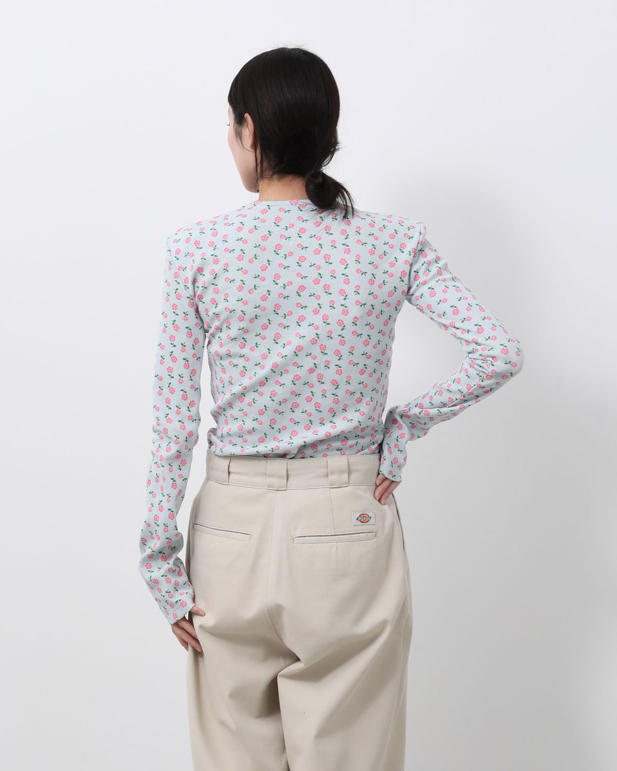 SUPER RIB PADDED SHOULDER CREW-NECK L/S TOPS(FLOWER)