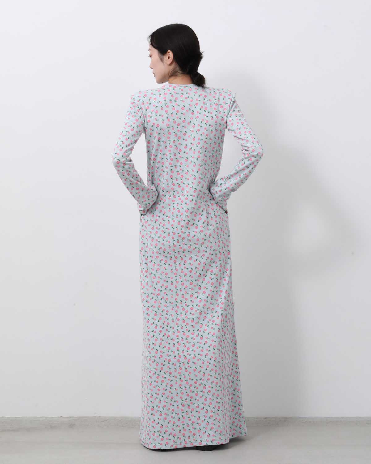 SUPER RIB PADDED SHOULDER L/S DRESS(FLOWER)