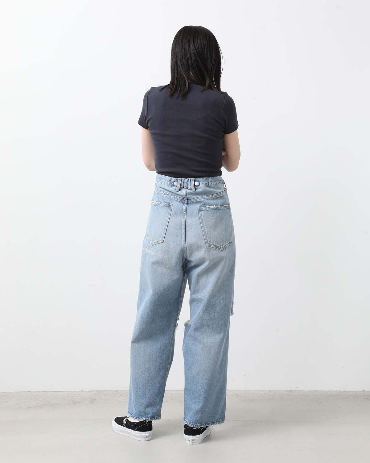 DAMAGE DENIM SUSPENDER PANTS(LIGHT INDIGO)