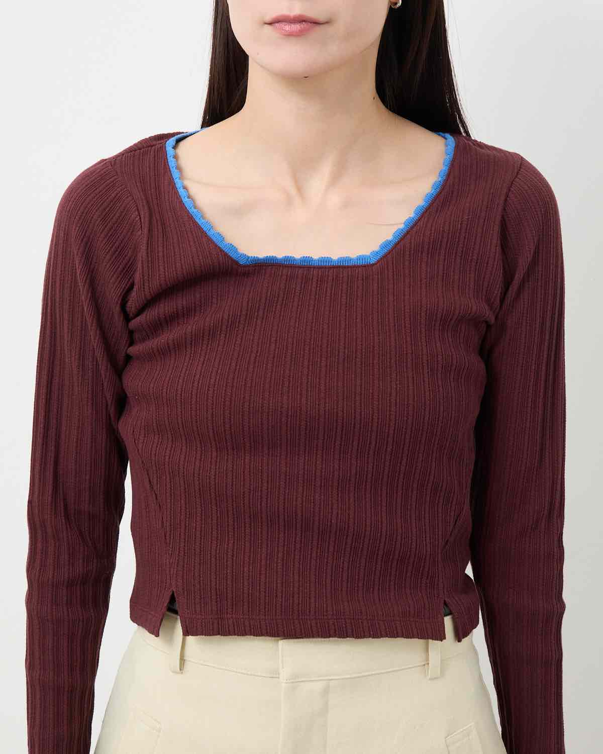 COTTON EYELET RIB SQUARE NECK PULLOVER