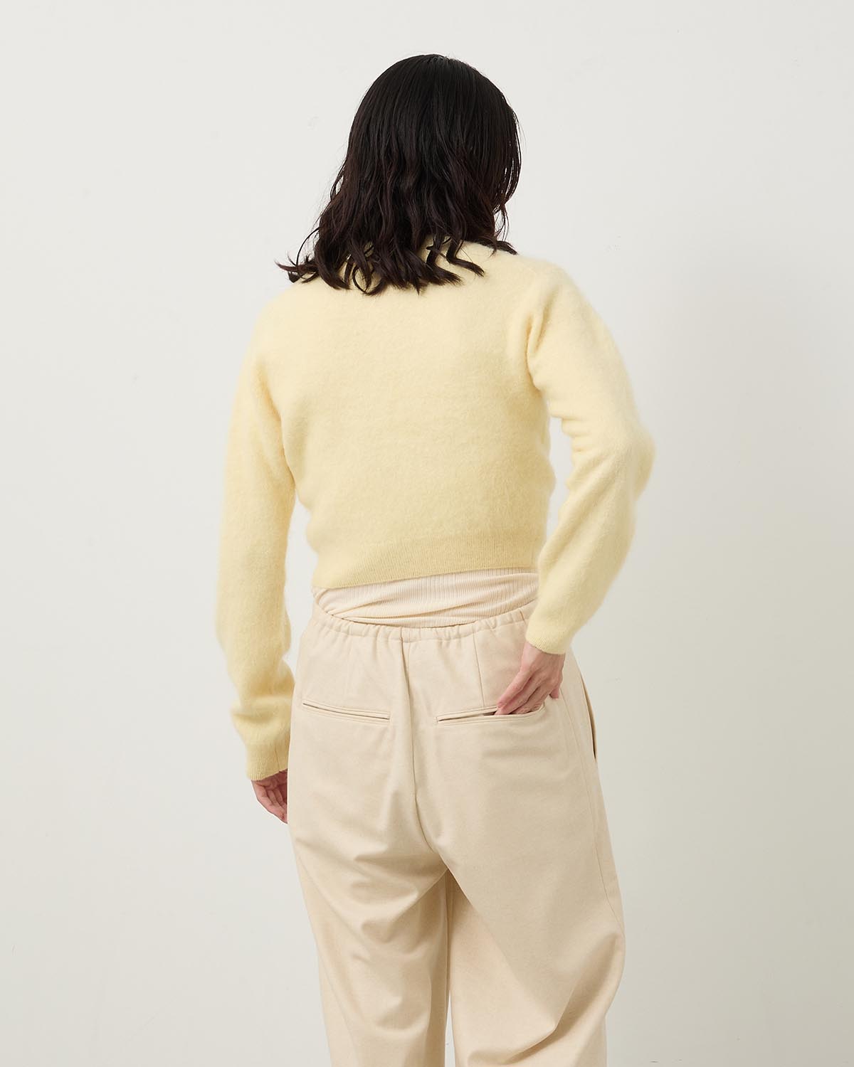 GARMENT-DYED BABY ALPACA FUR KNIT CREW-NECK CARDIGAN