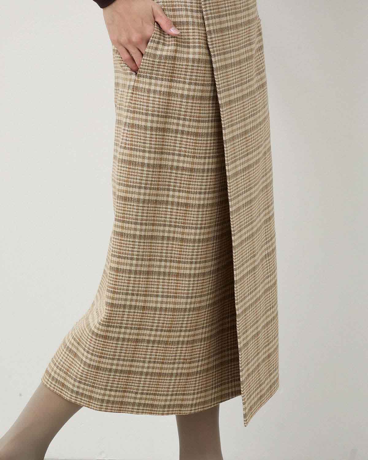 SILK LINEN NEP CHECK WRAP SKIRT