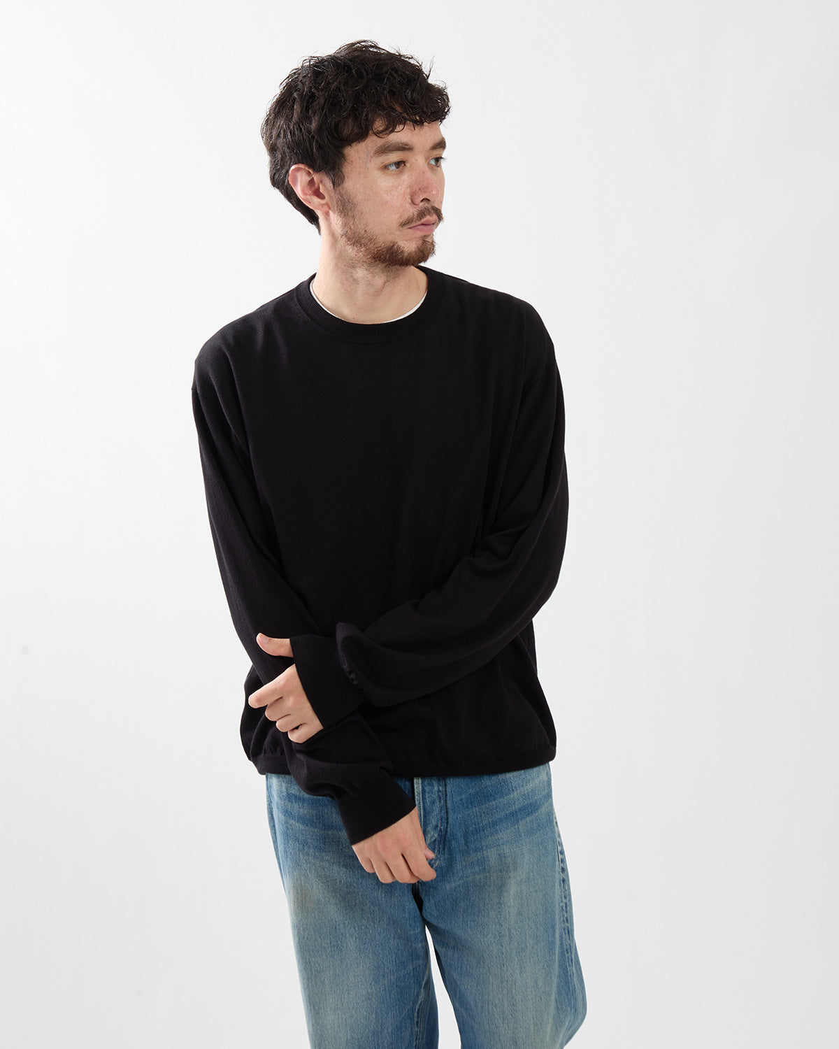 WOOL COTTON HIGH GAUGE CREW NECK SWEATER