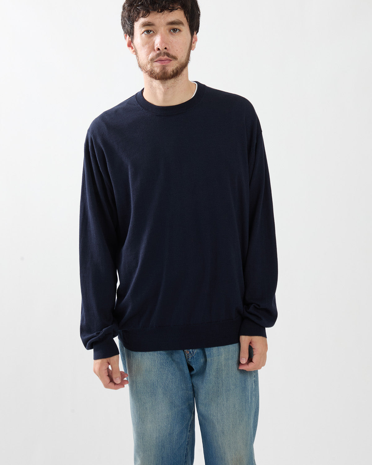 WOOL COTTON HIGH GAUGE CREW NECK SWEATER