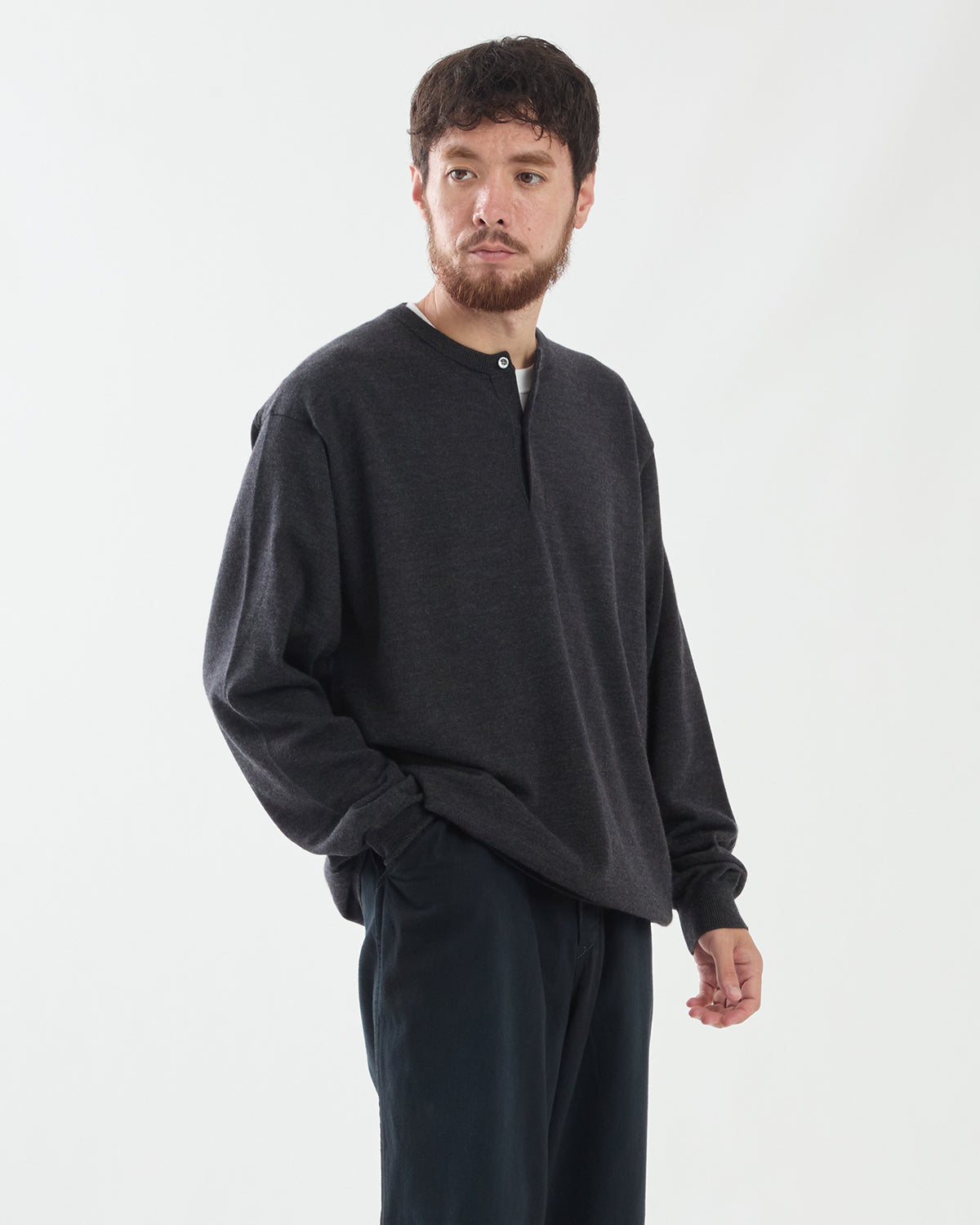 WOOL KNIT HENLEY NECK SWEATER