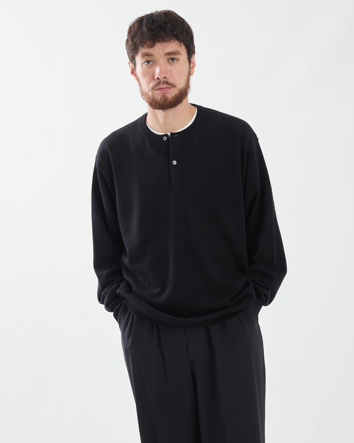 WOOL KNIT HENLEY NECK SWEATER