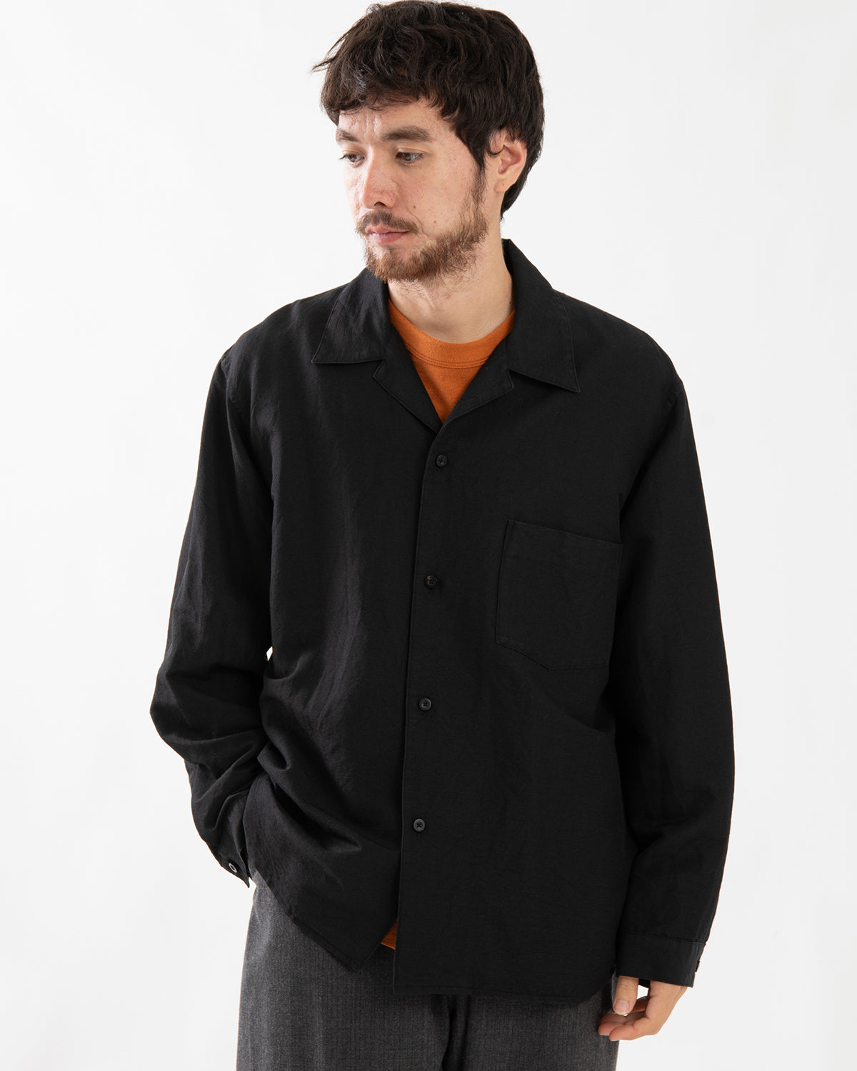 WASHED WOOL SILK OPEN-COLLAR SHIRT L/S