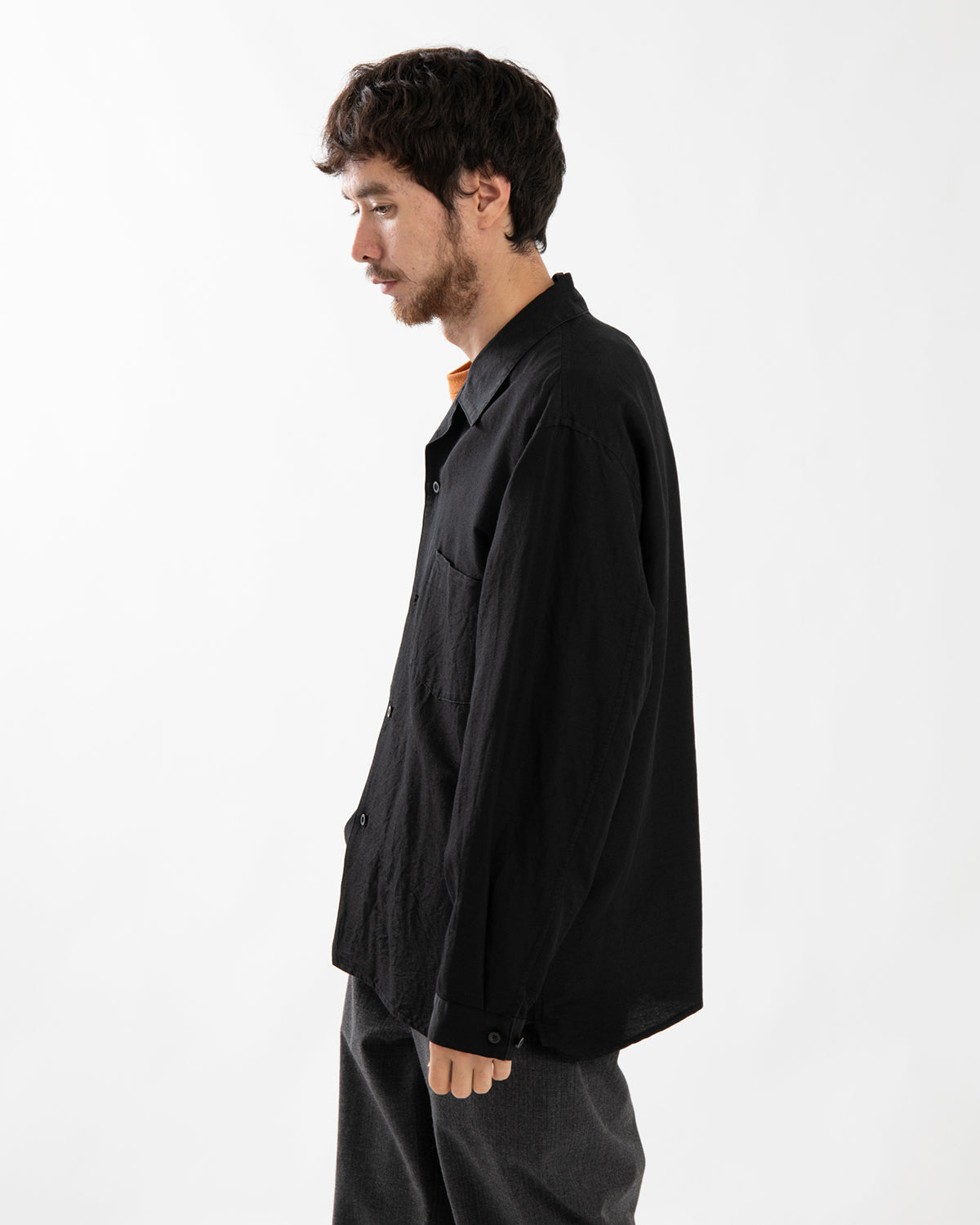 WASHED WOOL SILK OPEN-COLLAR SHIRT L/S