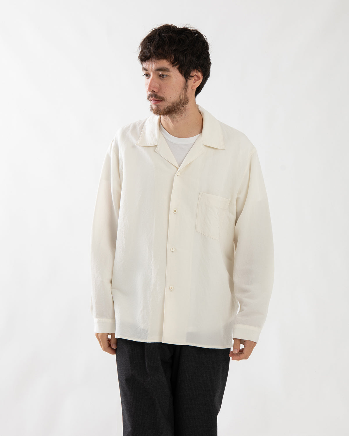 WASHED WOOL SILK OPEN-COLLAR SHIRT L/S