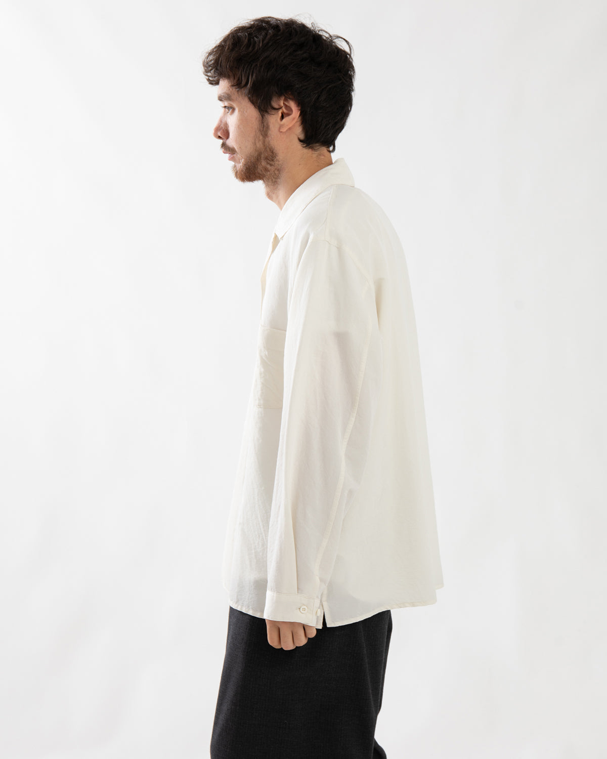 WASHED WOOL SILK OPEN-COLLAR SHIRT L/S