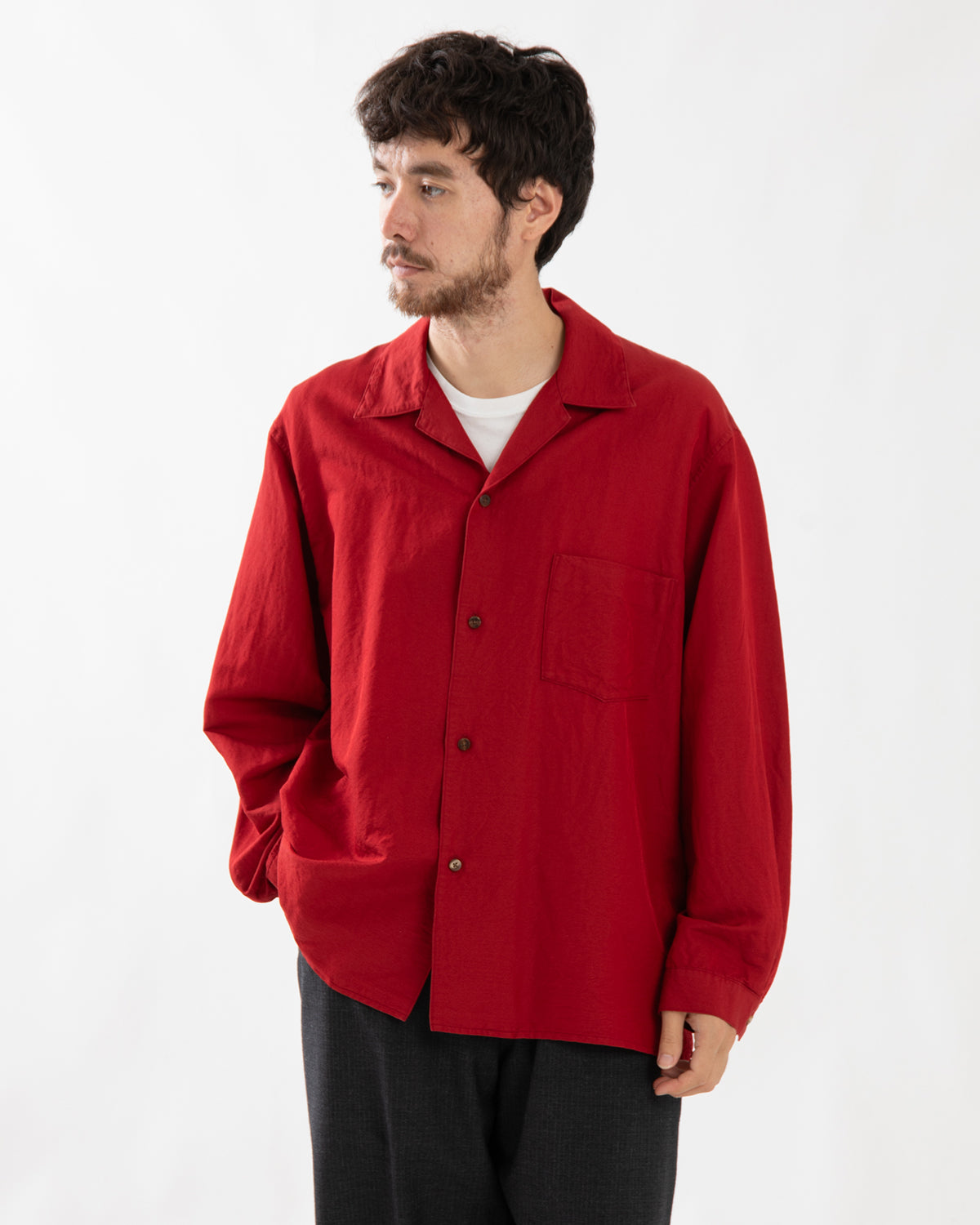 WASHED WOOL SILK OPEN-COLLAR SHIRT L/S