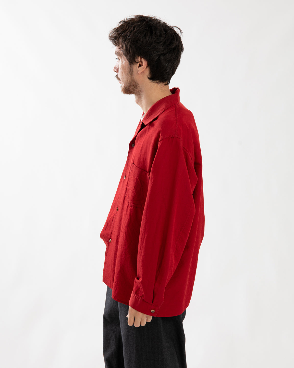 WASHED WOOL SILK OPEN-COLLAR SHIRT L/S