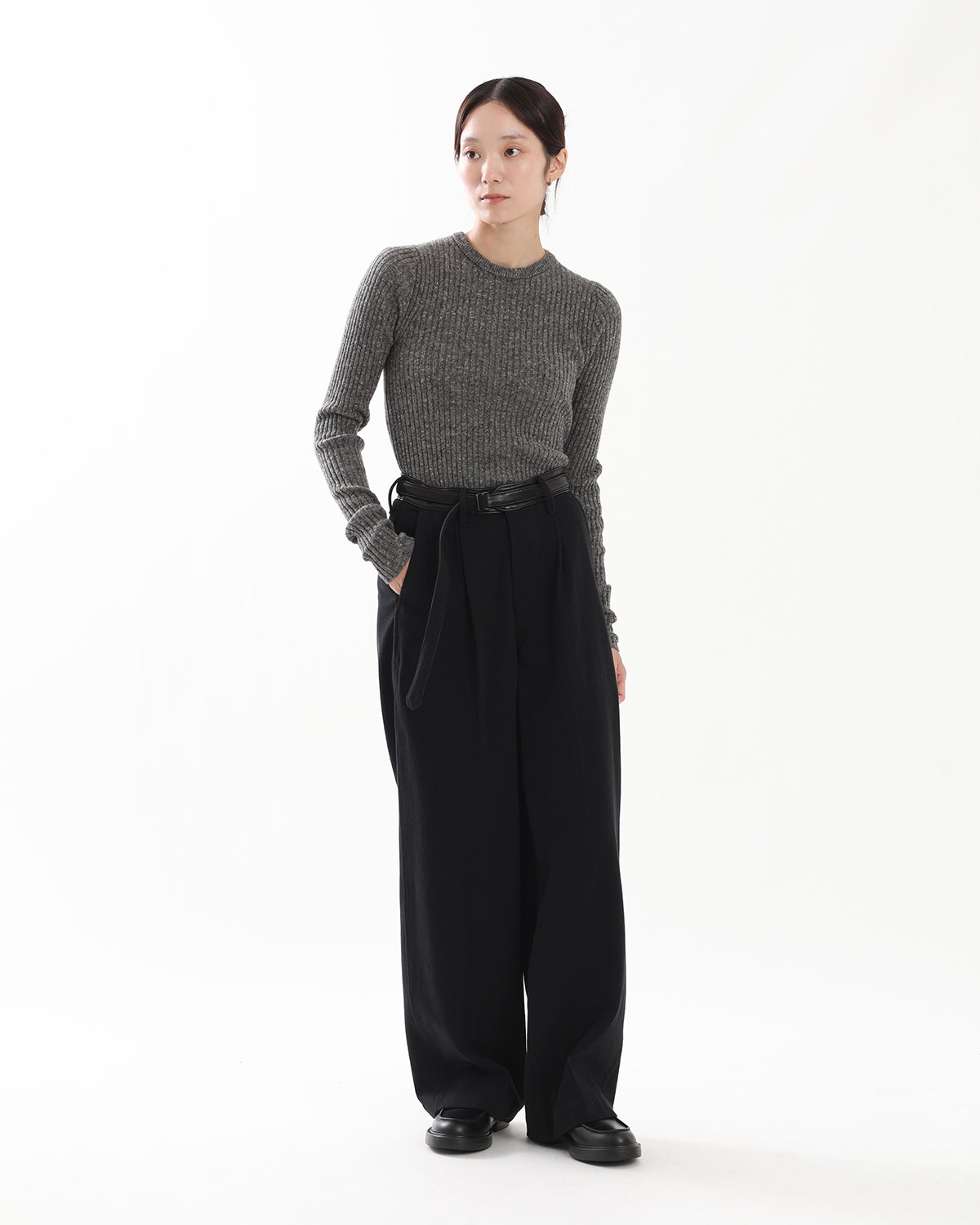 DENIM-LEATHER BELTED TROUSERS