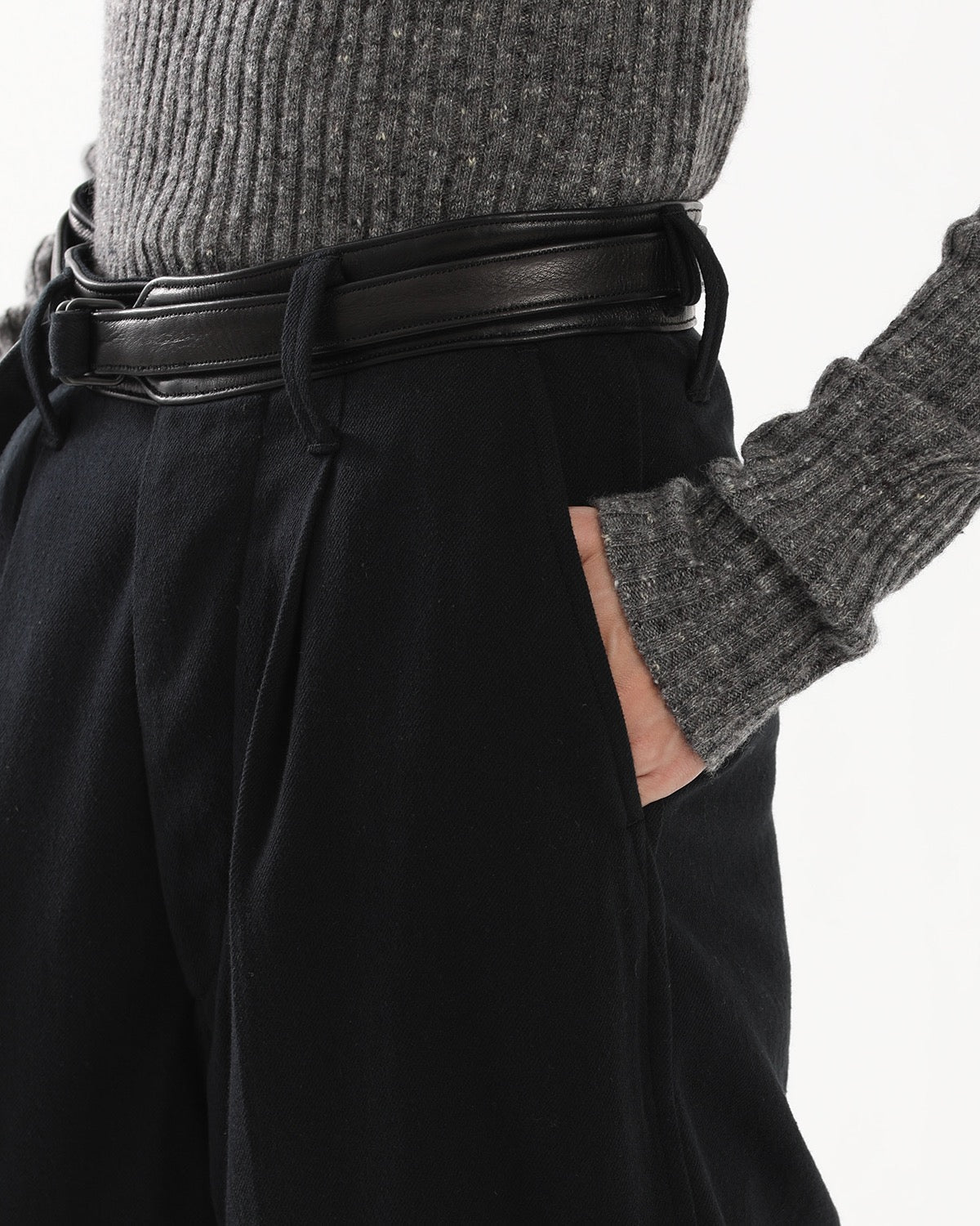DENIM-LEATHER BELTED TROUSERS