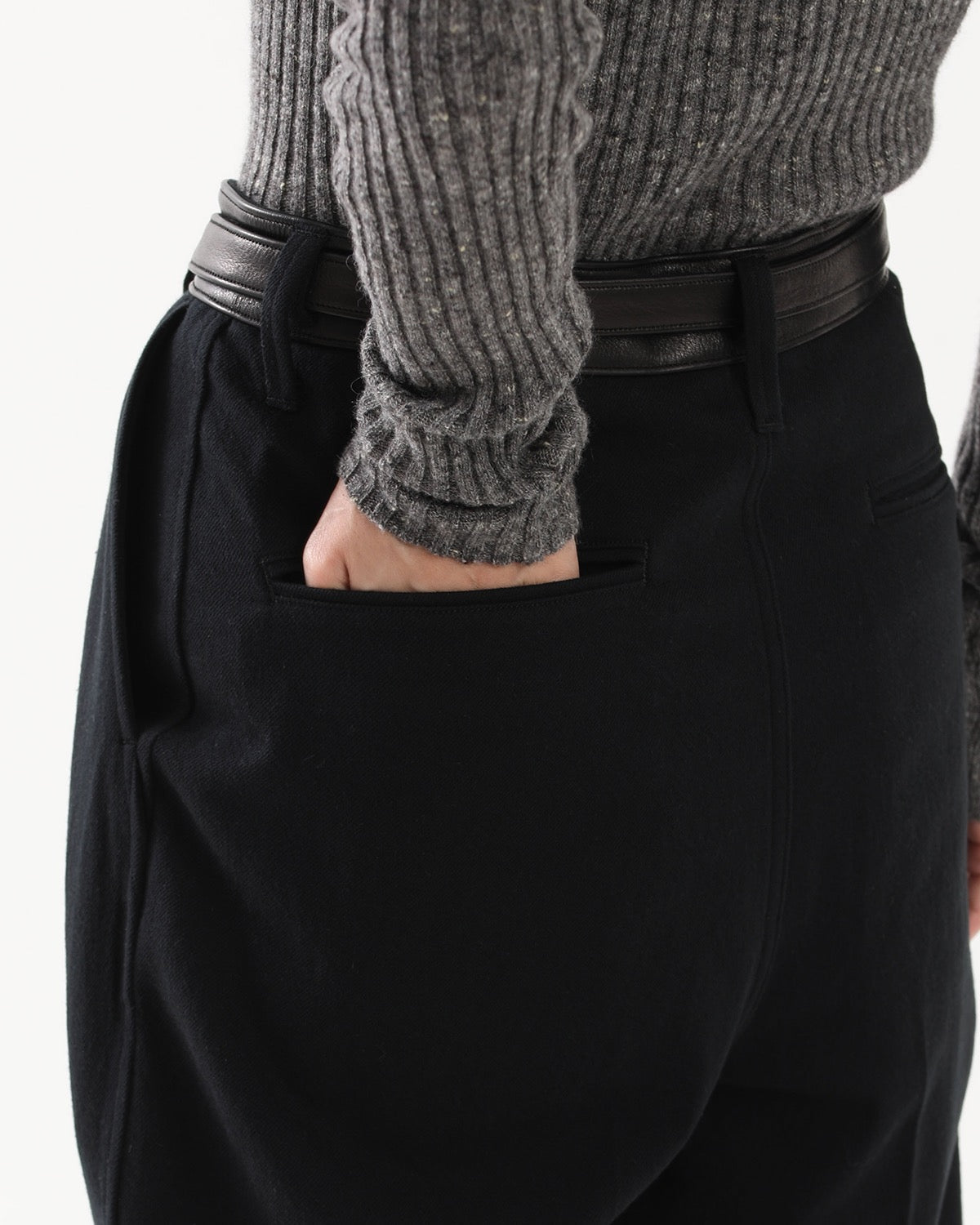 DENIM-LEATHER BELTED TROUSERS