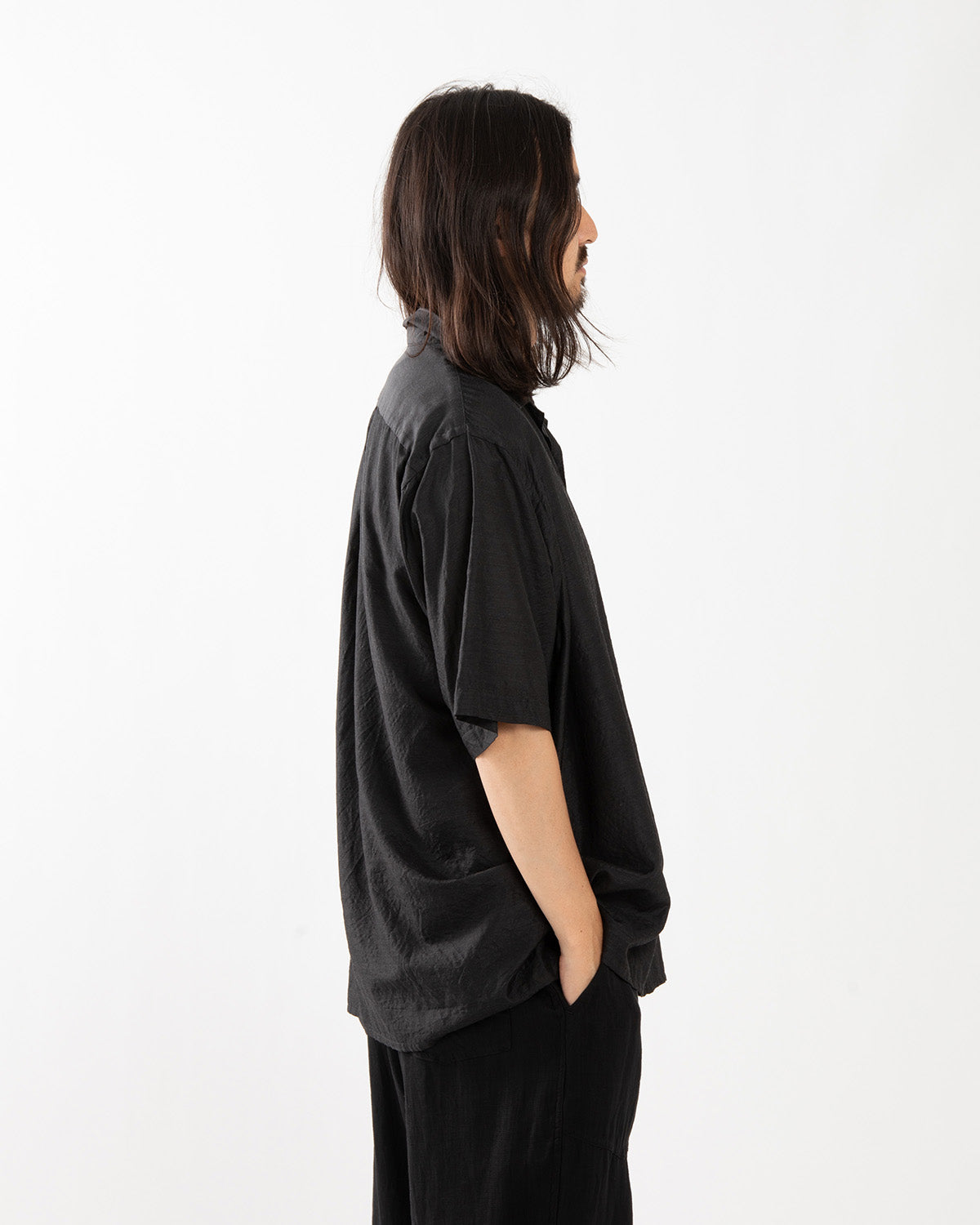 WOOL SILK SHORT SLEEVE OPEN COLLAR SHIRT