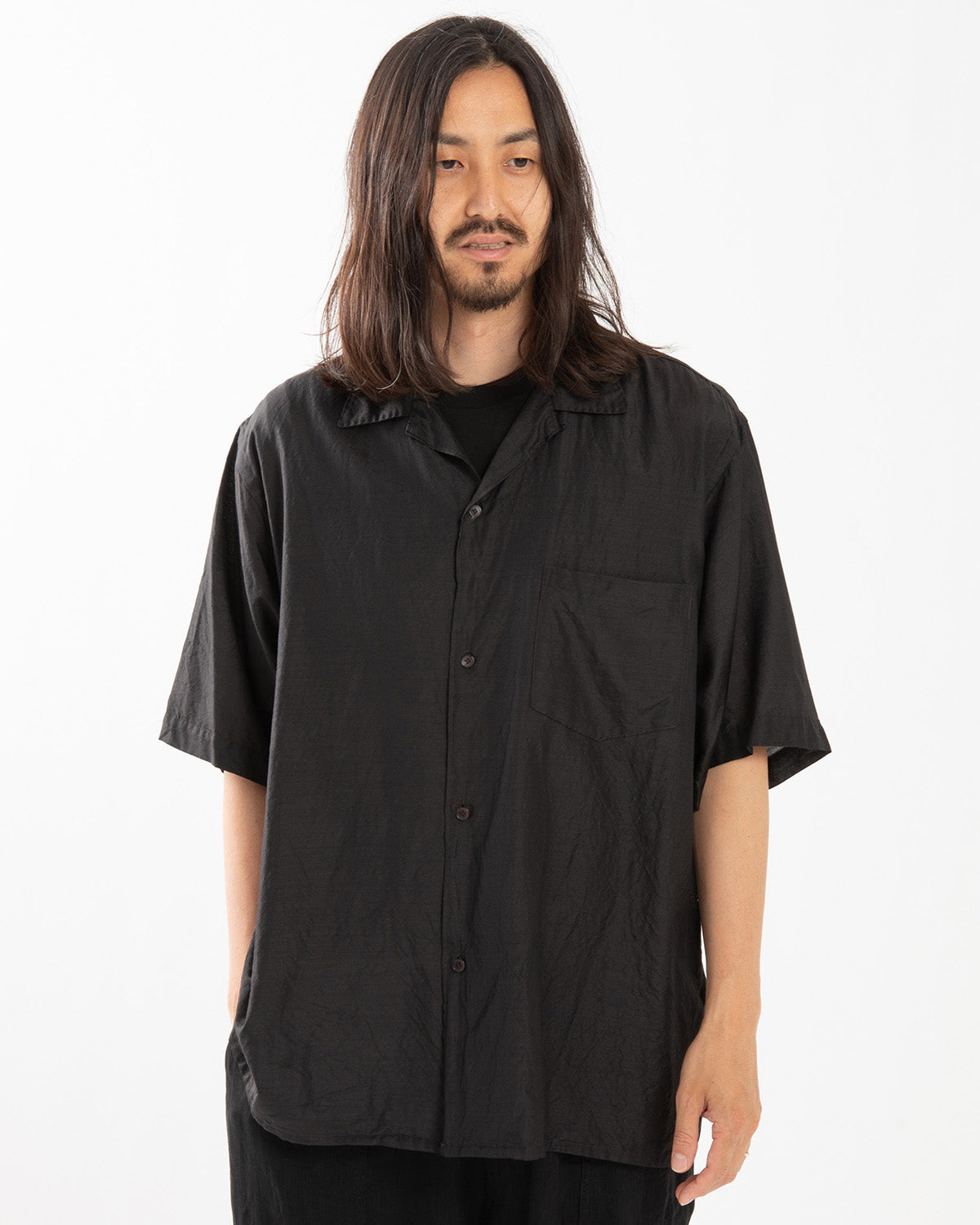 WOOL SILK SHORT SLEEVE OPEN COLLAR SHIRT