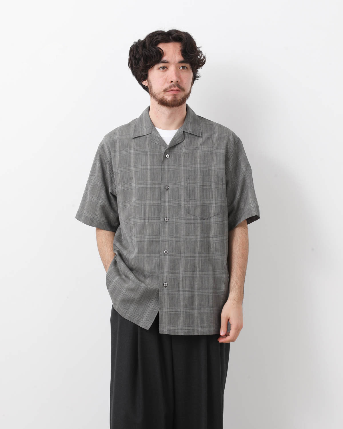 WOOL CHECK OPEN COLLAR S/S SHIRT