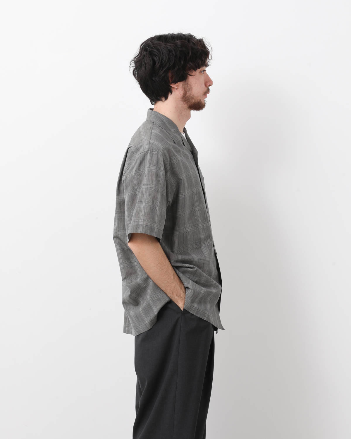 WOOL CHECK OPEN COLLAR S/S SHIRT