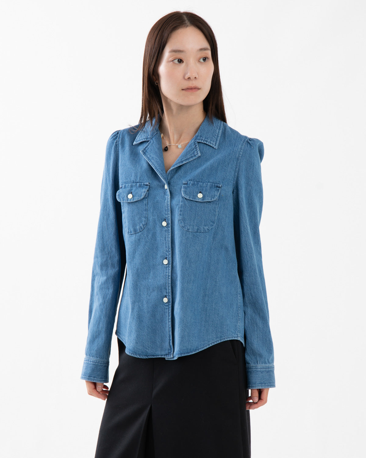 DENIM W POCKET OPEN COLLAR SHIRT