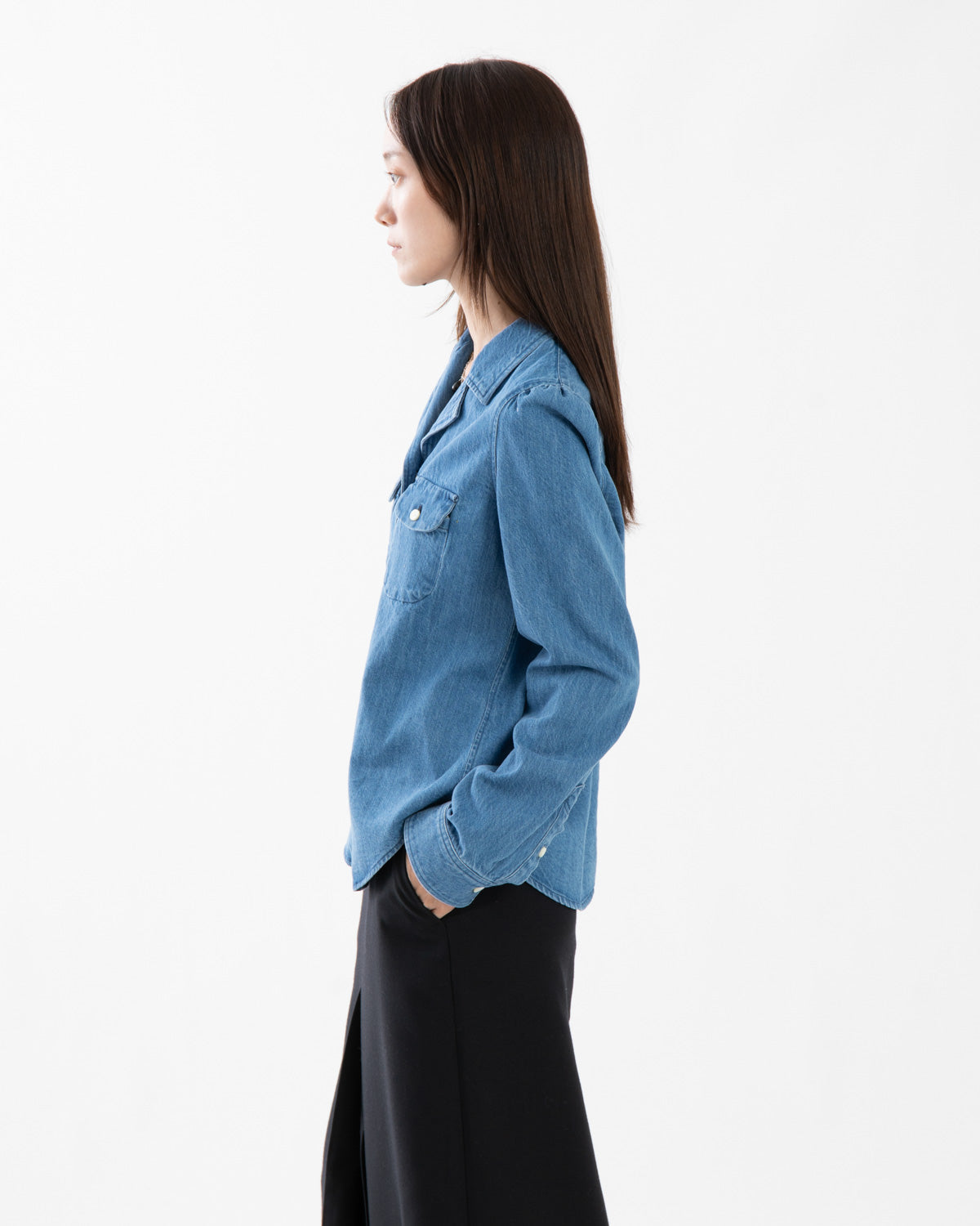 DENIM W POCKET OPEN COLLAR SHIRT