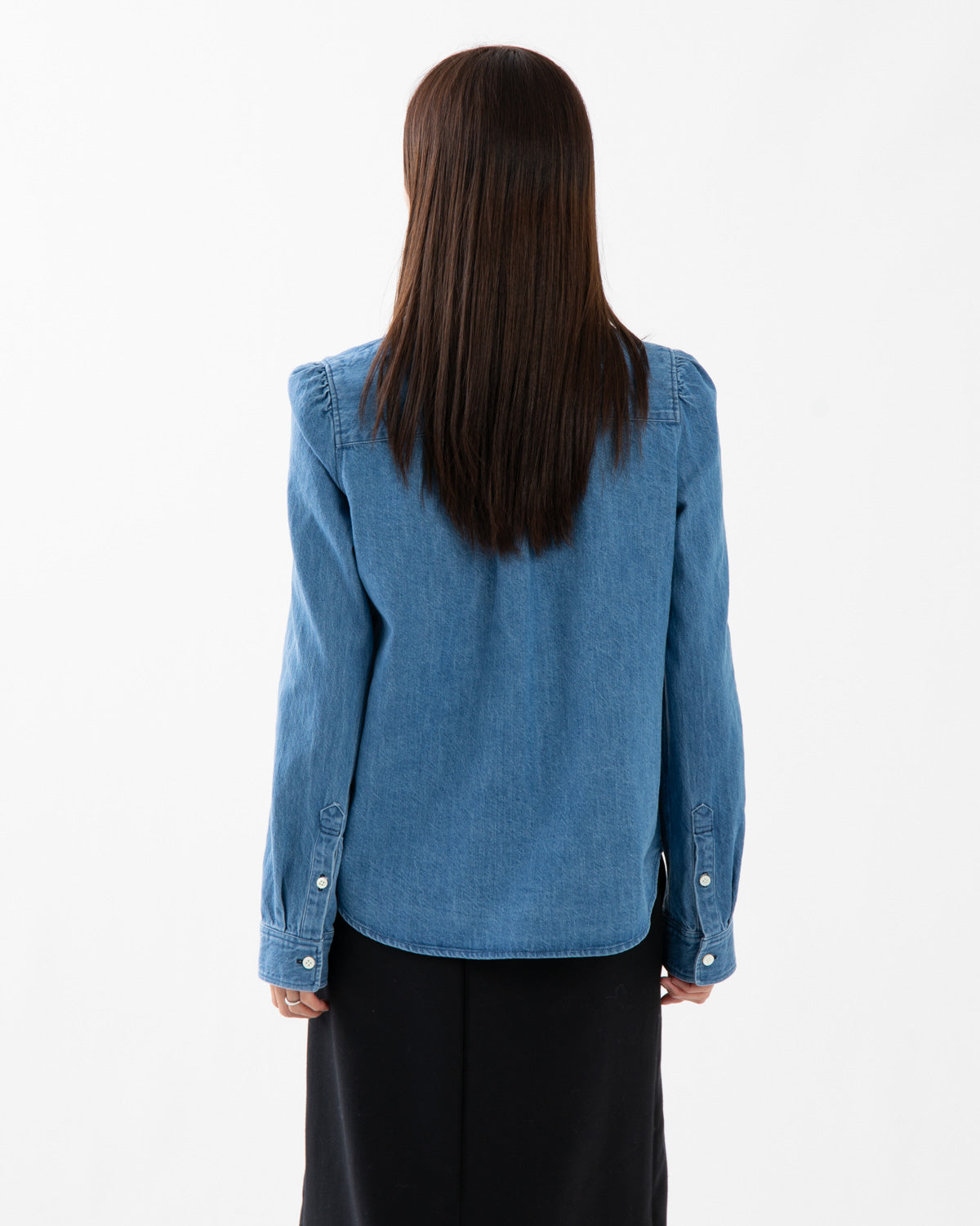 DENIM W POCKET OPEN COLLAR SHIRT