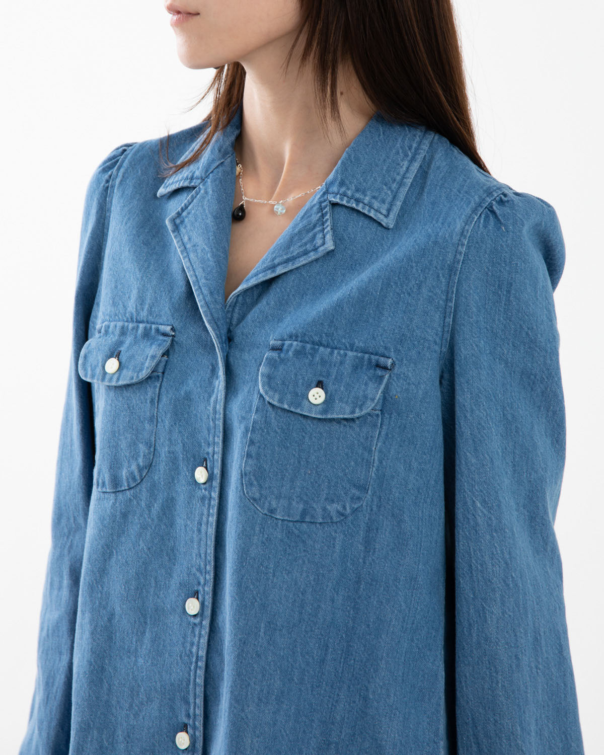 DENIM W POCKET OPEN COLLAR SHIRT