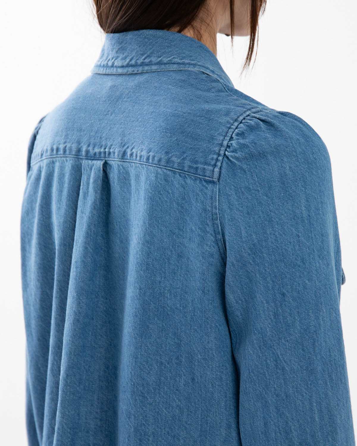 DENIM W POCKET OPEN COLLAR SHIRT