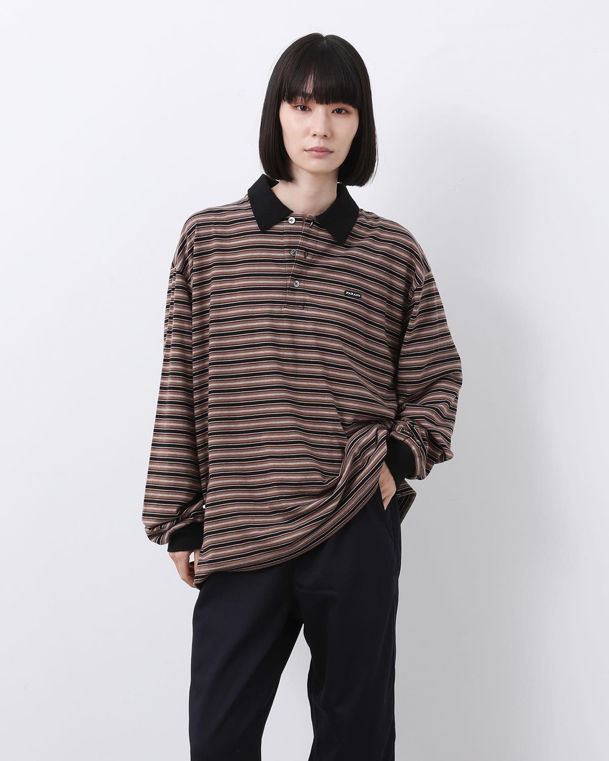 MULTI STRIPED POLO COLLAR L/S TEE (WOMEN'S)