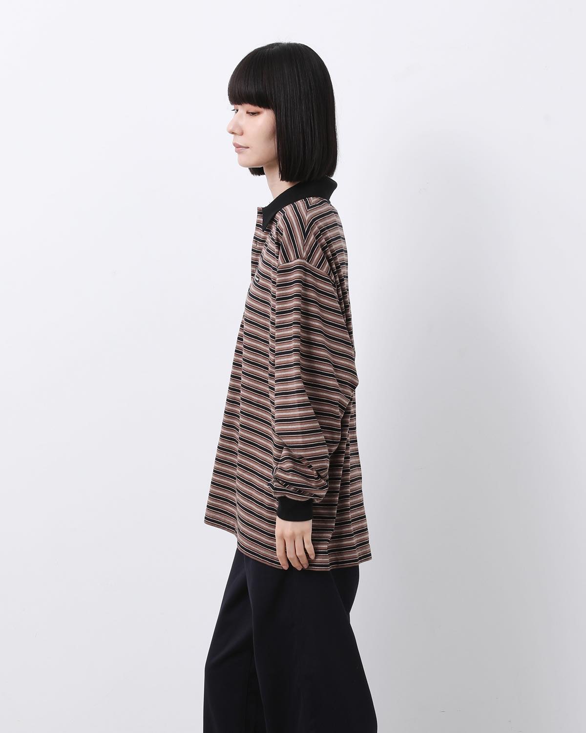 MULTI STRIPED POLO COLLAR L/S TEE (WOMEN'S)