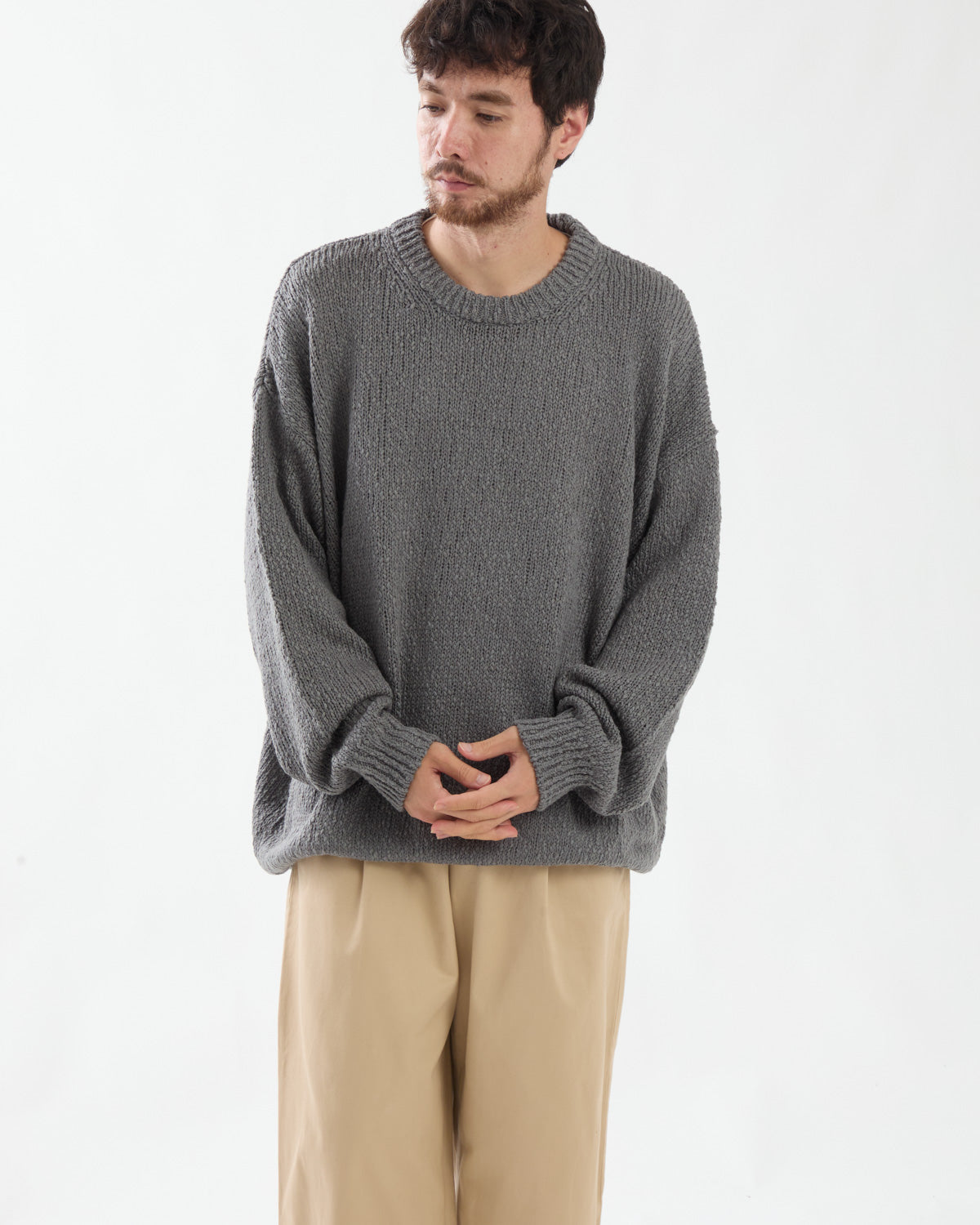 COTTON WOOL SLUB OVERSIZED CREW NECK KNIT