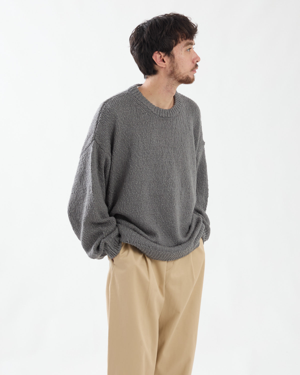 COTTON WOOL SLUB OVERSIZED CREW NECK KNIT
