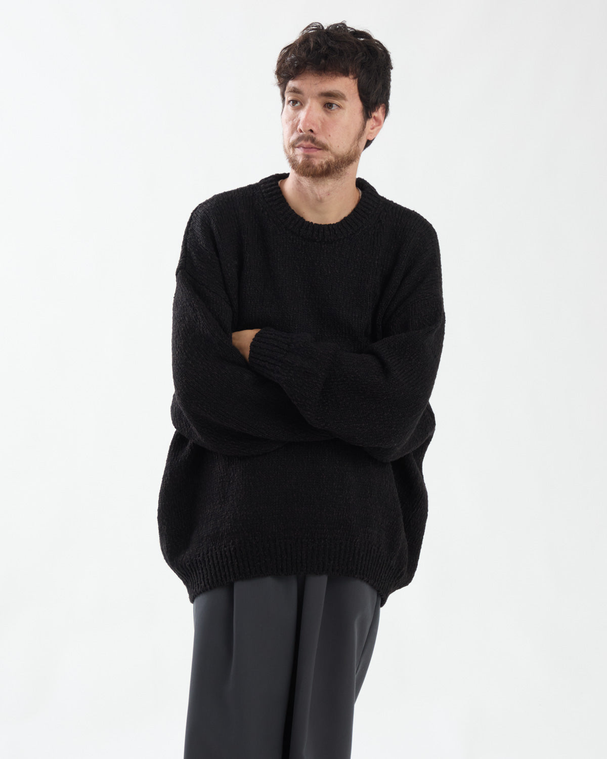 COTTON WOOL SLUB OVERSIZED CREW NECK KNIT