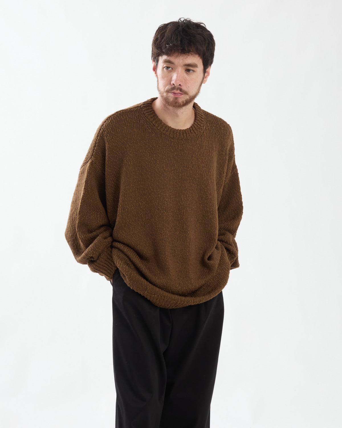 COTTON WOOL SLUB OVERSIZED CREW NECK KNIT