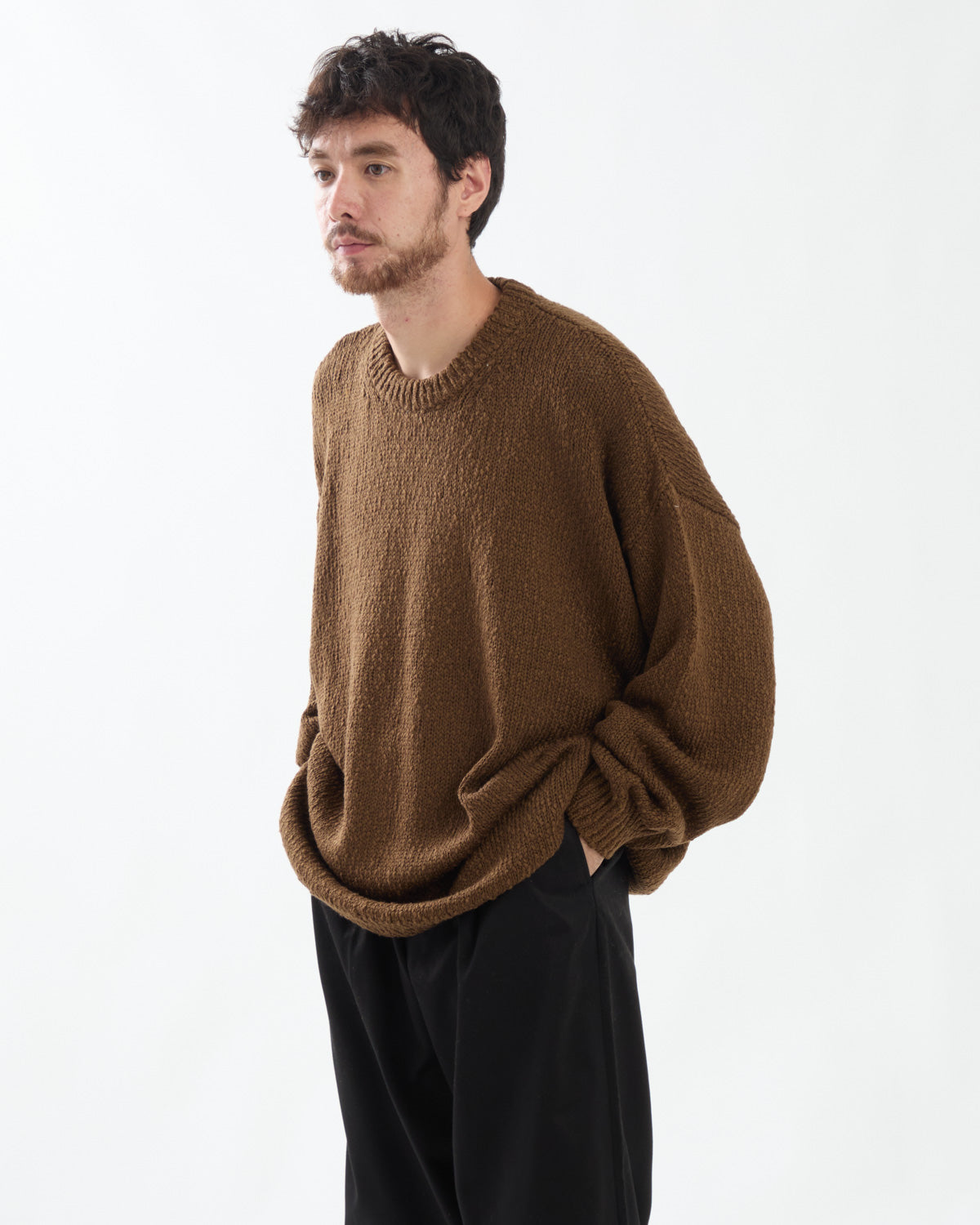 COTTON WOOL SLUB OVERSIZED CREW NECK KNIT