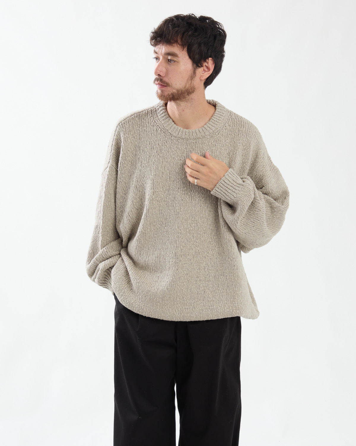 COTTON WOOL SLUB OVERSIZED CREW NECK KNIT