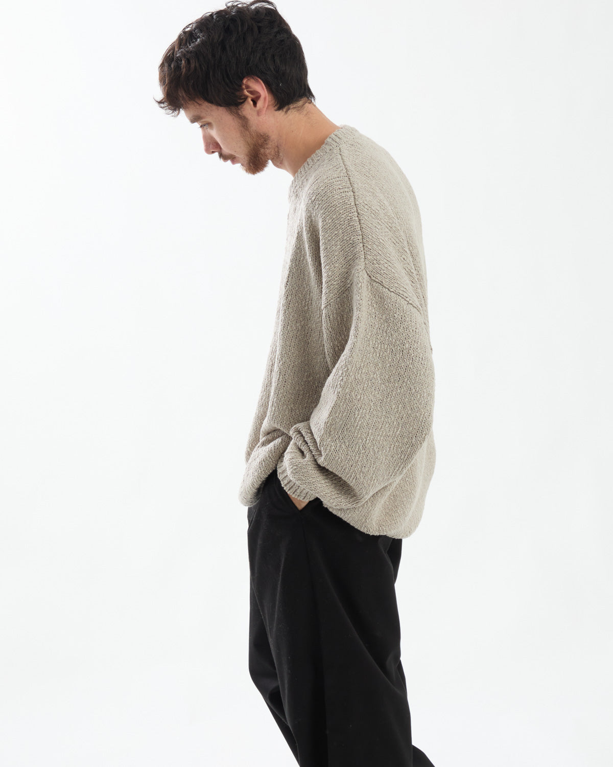 COTTON WOOL SLUB OVERSIZED CREW NECK KNIT