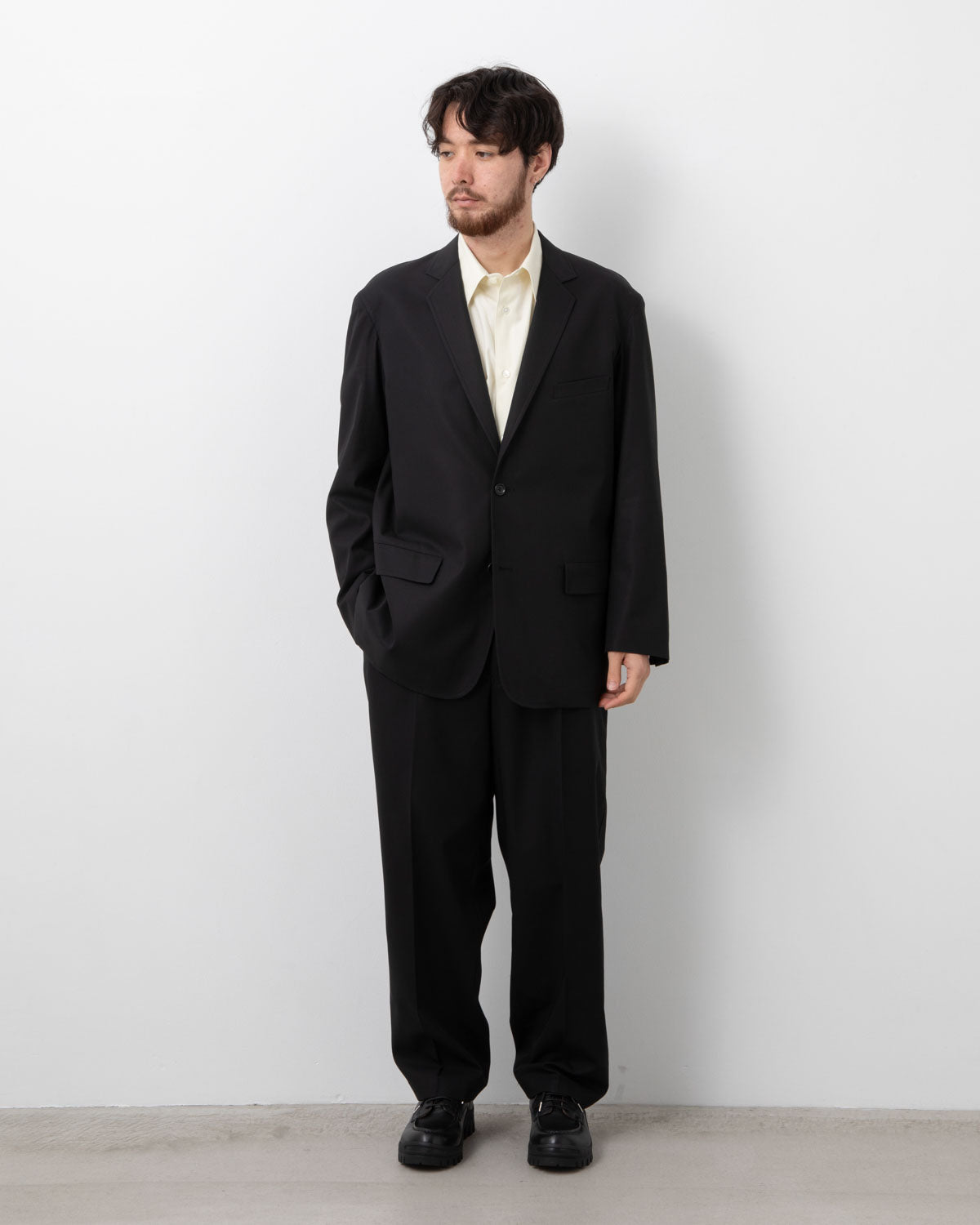 WOOLY COTTON TWILL WIDE TAPERED SLACKS