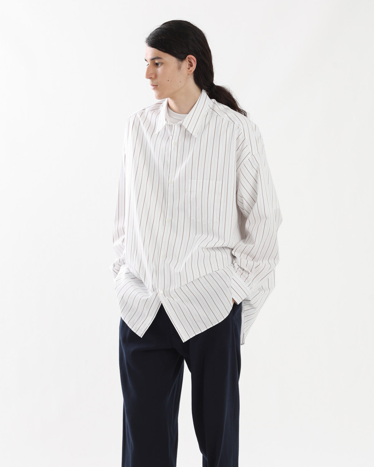 SIDOGRAS BROWN STRIPE L/S OVERSIZED REGULAR COLLAR SHIRT