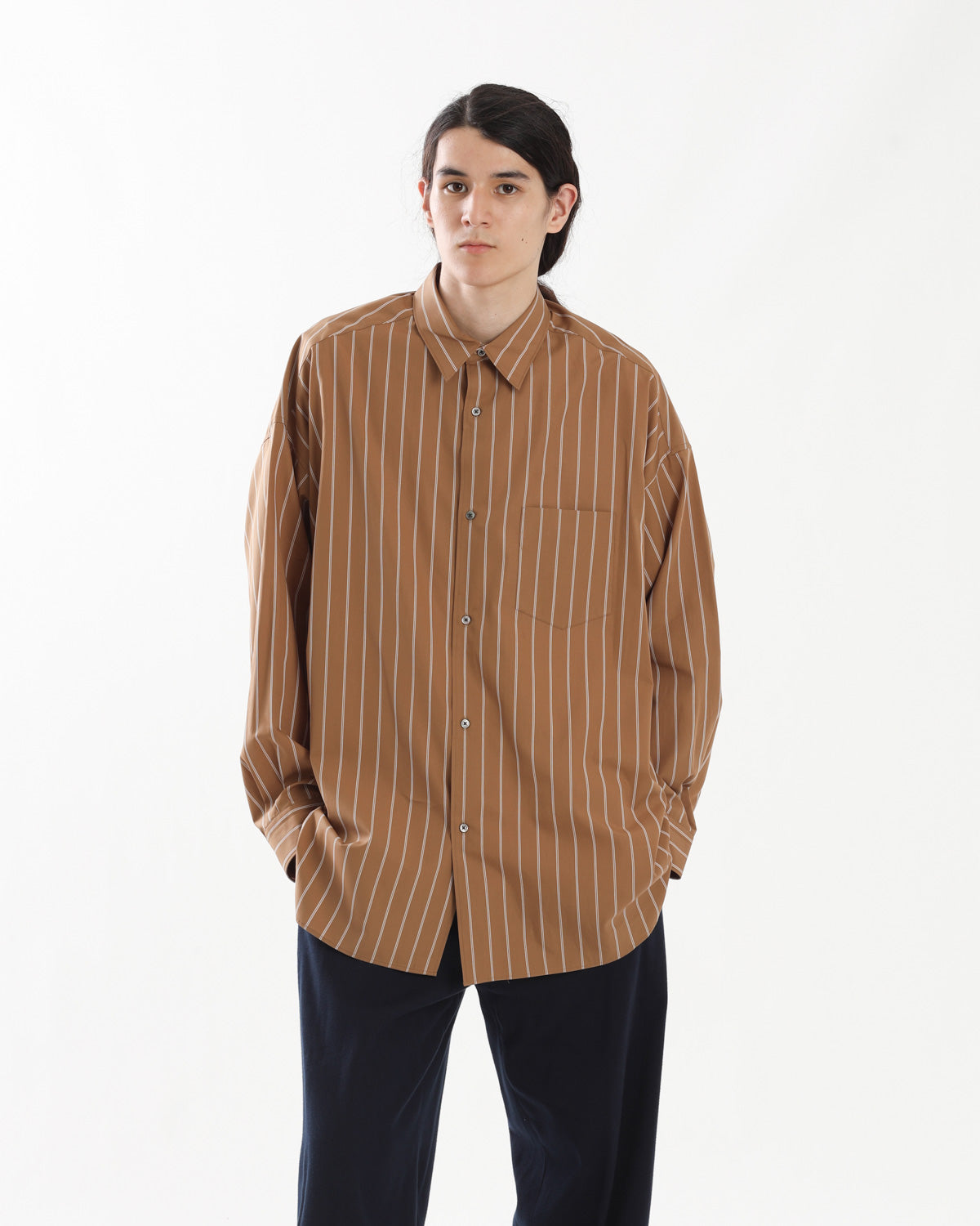 SIDOGRAS BROWN STRIPE L/S OVERSIZED REGULAR COLLAR SHIRT