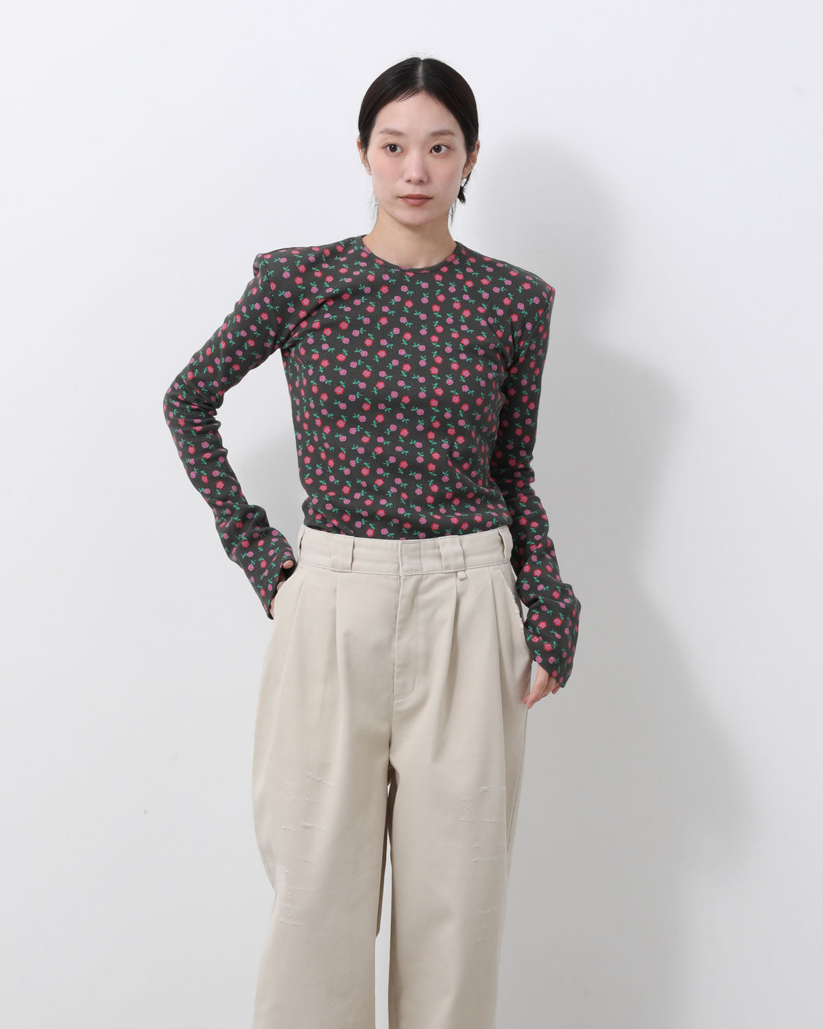 SUPER RIB PADDED SHOULDER CREW-NECK L/S TOPS（FLOWER）