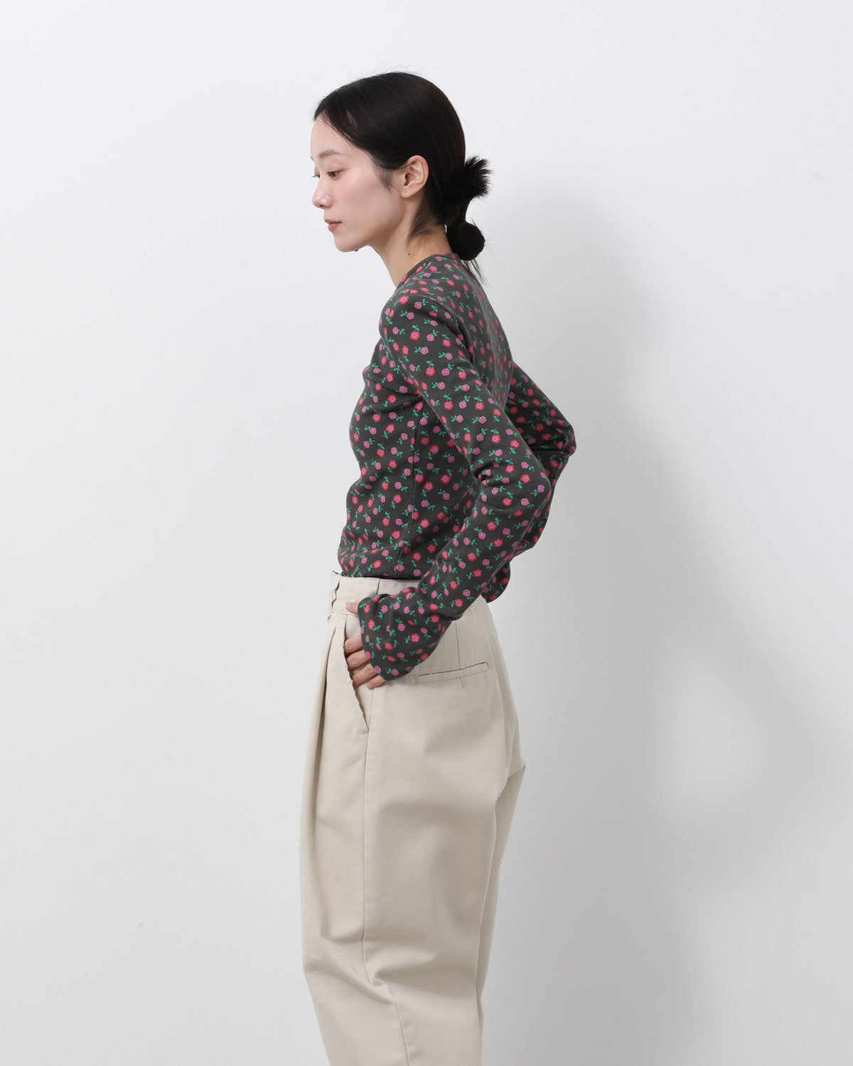 SUPER RIB PADDED SHOULDER CREW-NECK L/S TOPS（FLOWER）