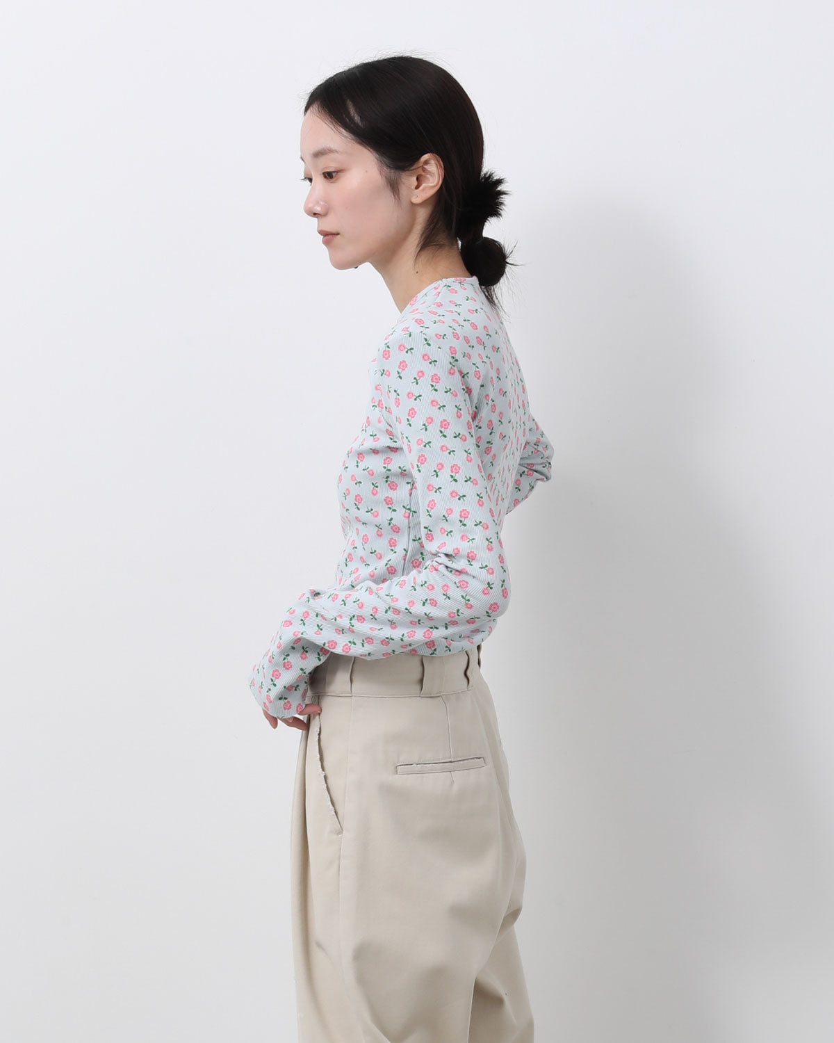SUPER RIB PADDED SHOULDER CREW-NECK L/S TOPS（FLOWER）