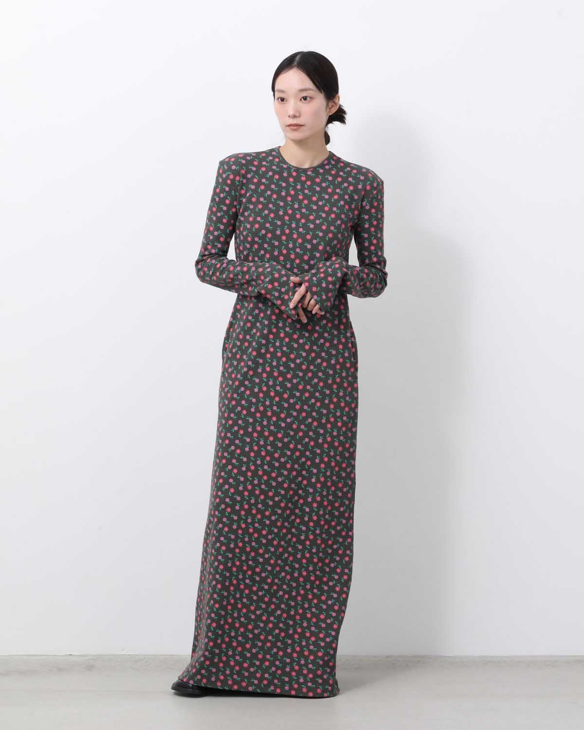 SUPER RIB PADDED SHOULDER L/S DRESS（FLOWER）