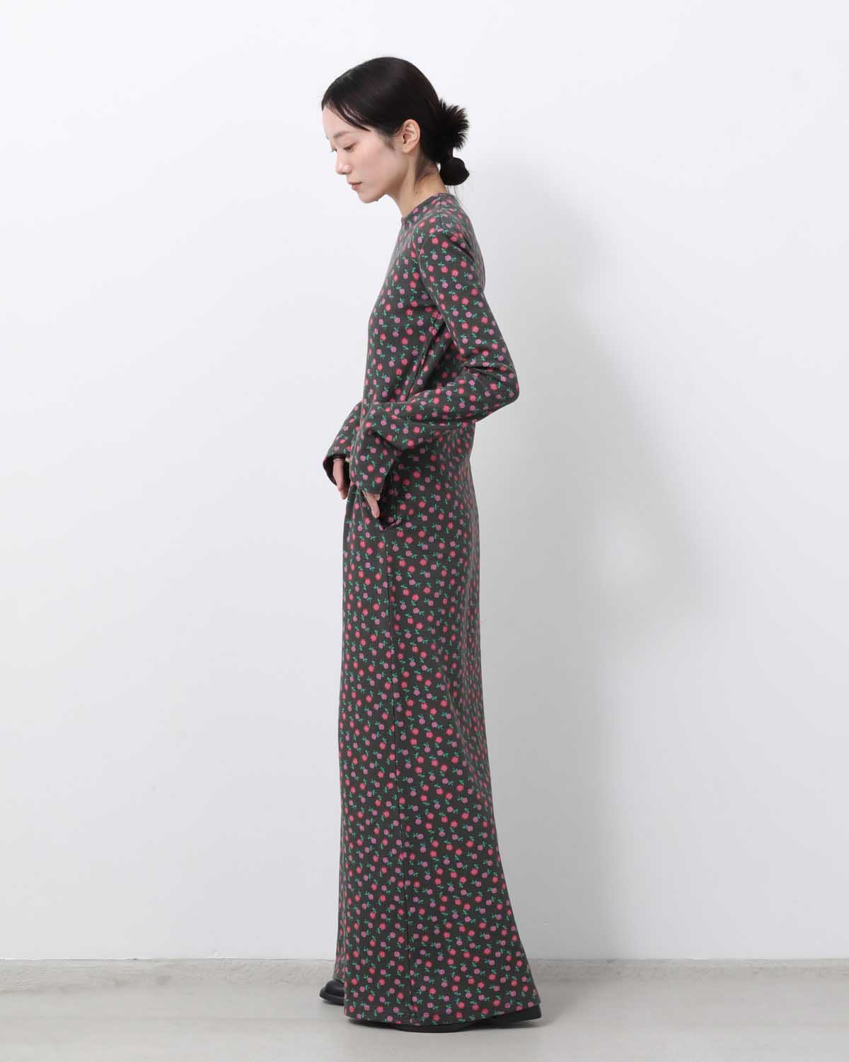 SUPER RIB PADDED SHOULDER L/S DRESS（FLOWER）