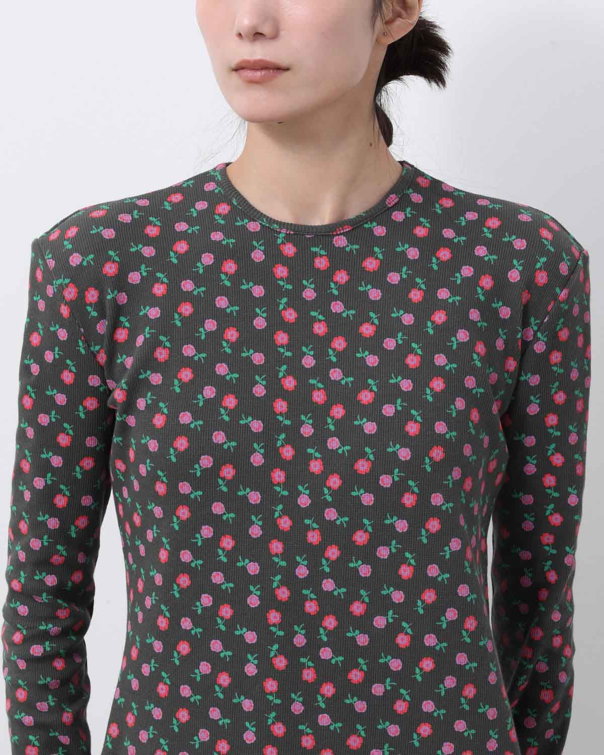 SUPER RIB PADDED SHOULDER L/S DRESS（FLOWER）