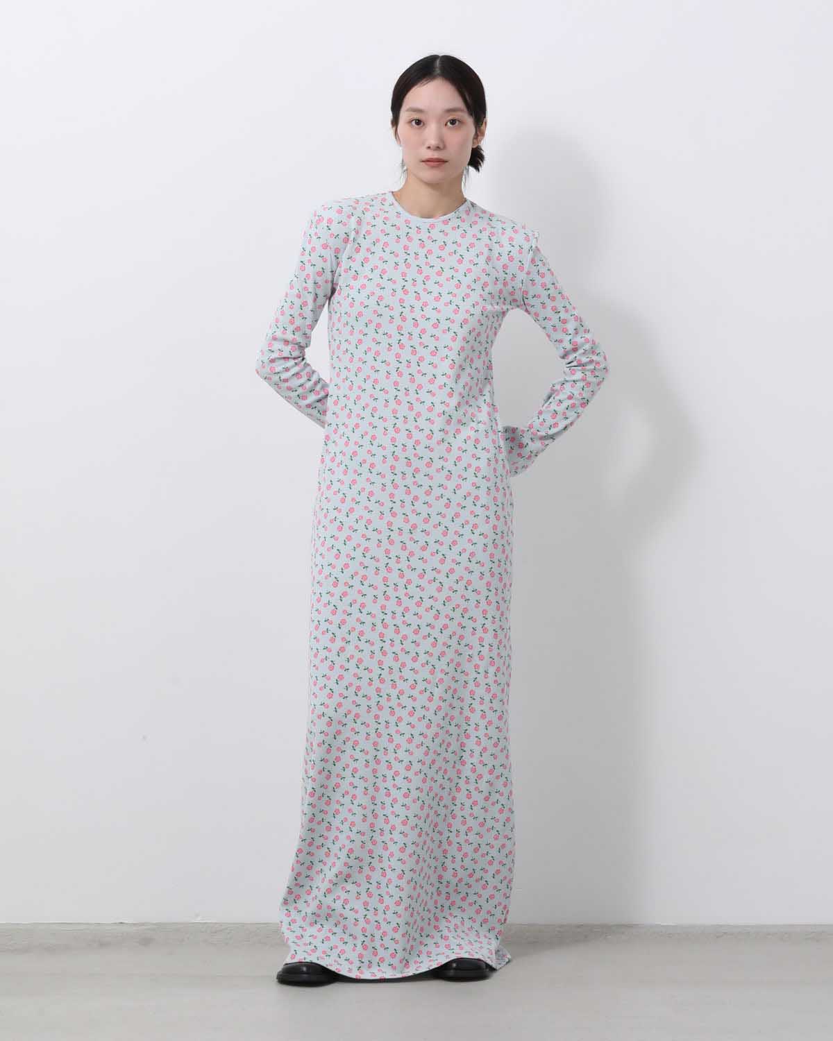 SUPER RIB PADDED SHOULDER L/S DRESS（FLOWER）