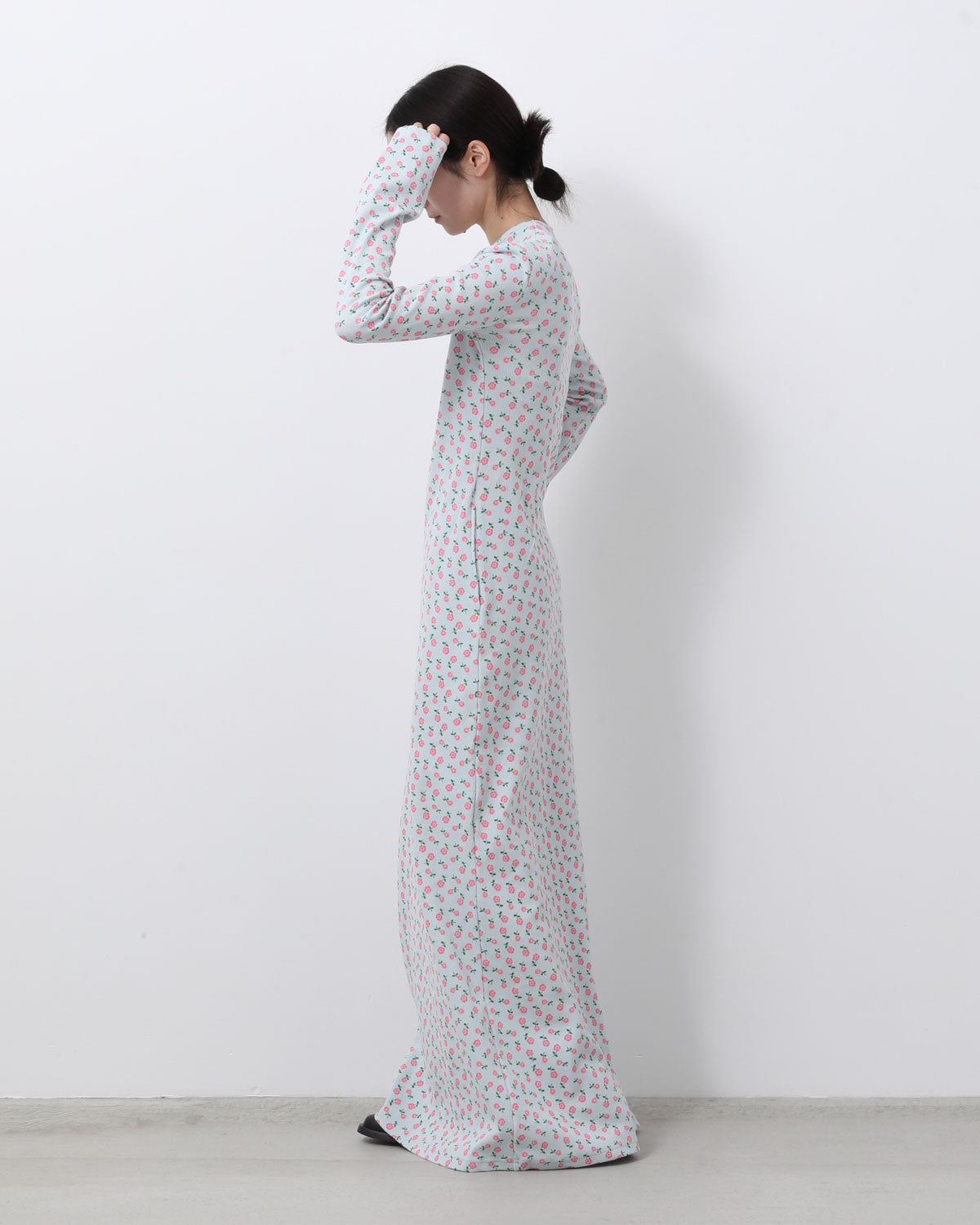 SUPER RIB PADDED SHOULDER L/S DRESS（FLOWER）