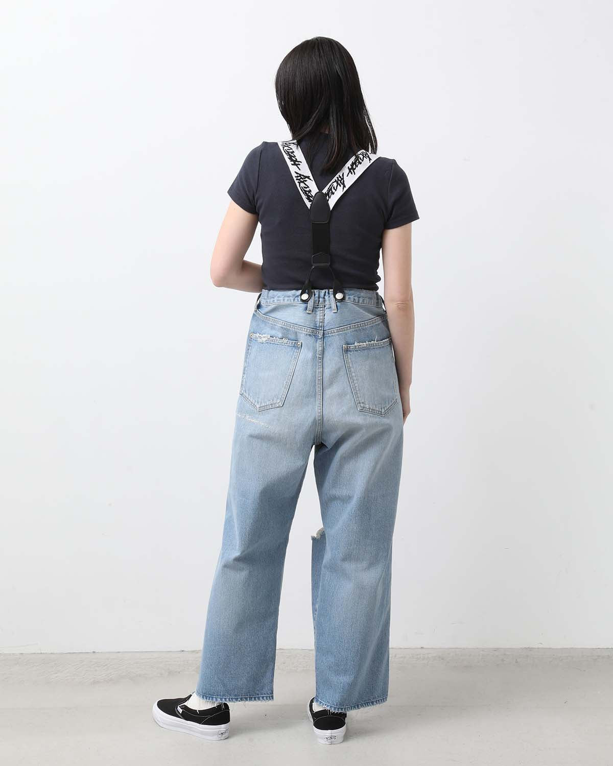 DAMAGE DENIM SUSPENDER PANTS（LIGHT INDIGO）